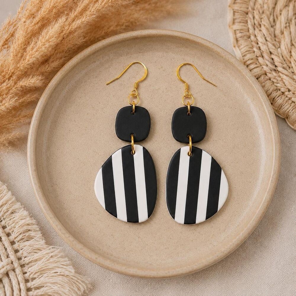 Black White Statement Earrings | Striped Polymer Clay Dangles | Lightweight